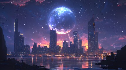 Obraz premium A stunning futuristic city skyline under a starry night sky with a large glowing moon illuminating tall skyscrapers and reflecting on the tranquil water below.