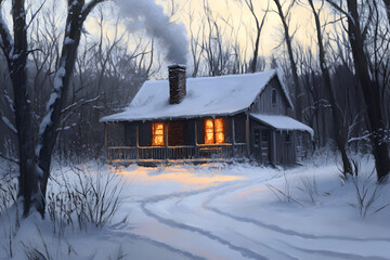 Charming cottage glowing warmly in winter, nestled among snow-covered trees. Ideal for holiday and cozy atmosphere themes.