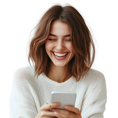 Young woman, joyfully typing on her smartphone, her eyes gleaming with happiness, on a transparent background