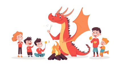 Obraz premium Friendly red dragon roasting marshmallows with happy children around a campfire.