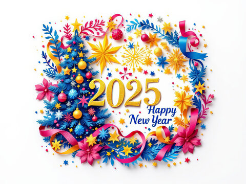 New Year's Eve paper cutout applique on a white background Holiday decorations. High quality illustration