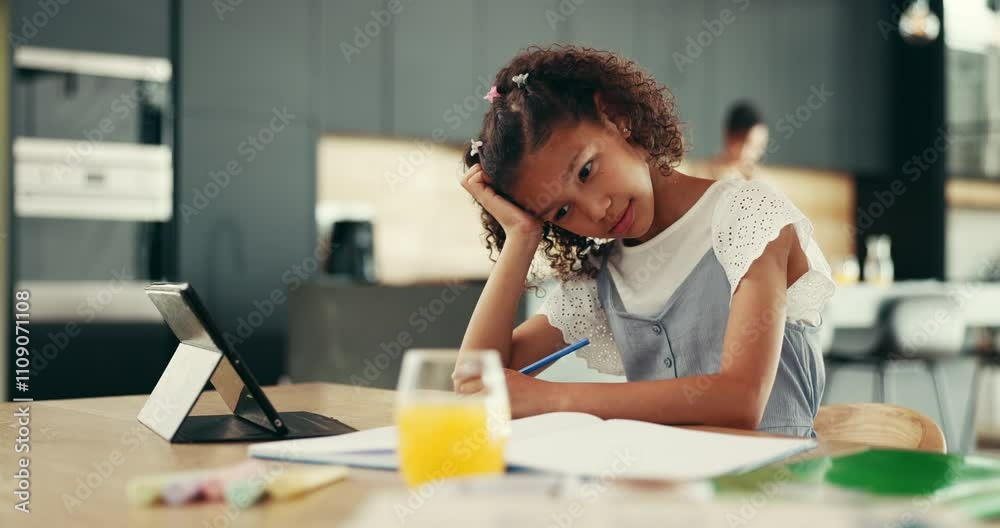 Aufkleber thinking, tablet and bored child with homework in house for e learning notes, math or study for onli