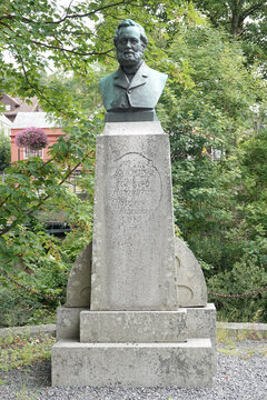 &Aring;lg&aring;rd, Norway - Aug 3 2024 Bronze buste from Ole Nielsen (1827&ndash;1915), who was the founder of the local wool industry