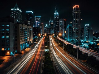 Fototapeta premium Vibrant cityscape at night with light trails.