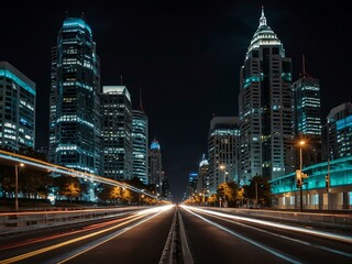 Fototapeta premium Vibrant cityscape at night with light trails.