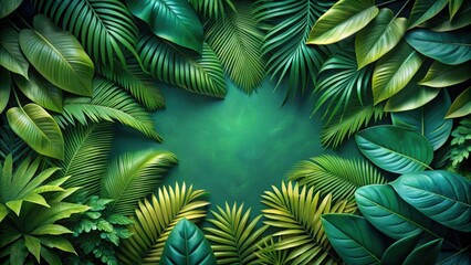 Fototapeta premium Lush green tropical foliage background with a full frame of intricate leaves , nature, texture, lush, tropical, pattern