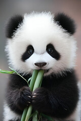 Fototapeta premium A cute baby panda joyfully munching on bamboo, showcasing its playful nature. This image highlights wildlife conservation efforts to protect this beloved species.