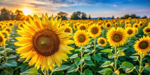 Obraz premium Vibrant sunflower field close up with golden flowers, sunflower, field, close up, vibrant, golden, agriculture, nature, botany