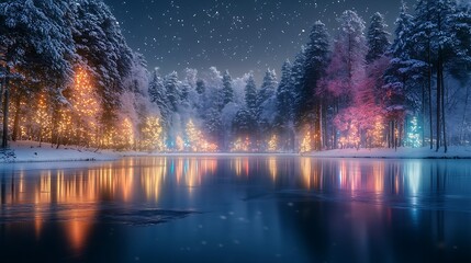 Christmas Lights Reflecting on a Frozen Lake