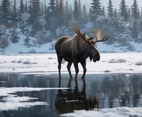 A moose's fur-covered body glistening with snowflakes as it walks through a frozen lake, snow, scenery, outdoor