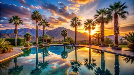 Fototapeta premium of a tranquil oasis sunset landscape with palm trees, pool, and mountains in the background, oasis, sunset, landscape