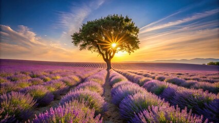 Obraz premium A Solitary Tree Stands Tall Amidst a Sea of Lavender, Bathed in the Golden Glow of Sunset