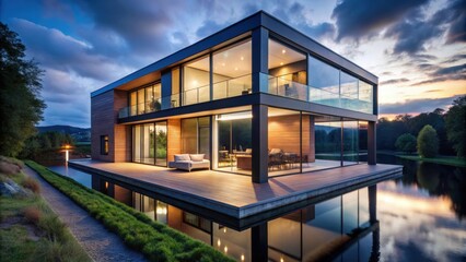Fototapeta premium Modern house with large windows overlooking the river under the evening sky, rendering, architecture, contemporary, home