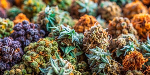 Dry cannabis buds background with a variety of colors, textures, and sizes , marijuana, cannabis, hemp, THC, CBD