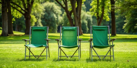 Three folding chairs set up in a green park , park, outdoors, relaxation, summer, seating, nature, leisure, picnic