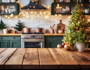 Fototapeta premium festive kitchen background with wooden table in foreground christmas tree and twinkling lights creating warm cozy atmosphere for holiday cooking and gatherings
