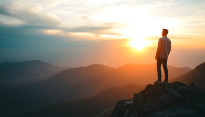Fototapeta premium young man on edge of mountain feeling inspired hopeful looking out to the sunrise with a white accent, png
