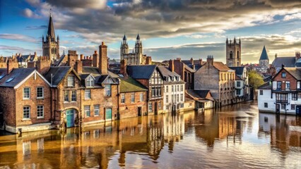 Obraz premium Flooded York cityscape with submerged buildings and floating debris, flood, water, disaster, floodwater