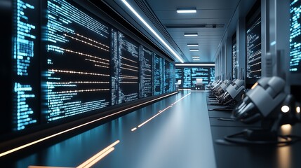 Naklejka premium Walls of cutting edge technology workspace filled with digital coding.