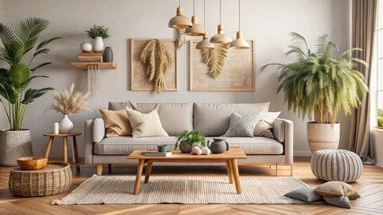 Cozy living room with modern boho interior featuring light gray sofa, wooden table, and natural decorations, modern
