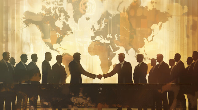 Group of diplomats shaking hands in a peaceful conference room, symbolizing a ceasefire agreement, international diplomacy and global peace efforts.	