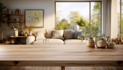 Naklejka premium empty wooden table with blurred view of scandinavian living room 3d rendering