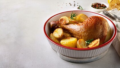 baked golden turkey leg with potatoes in ceramic dish on light table with copy space