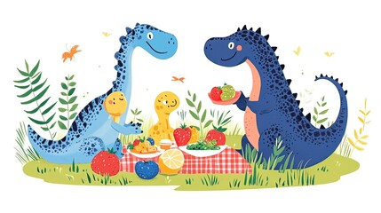 Obraz premium Happy dinosaur family enjoying a picnic with fruits and vegetables in a lush green meadow.