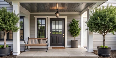 Fototapeta premium Modern farmhouse front porch with black door, bench, and tree, farmhouse, front porch, black door, bench, tree, modern