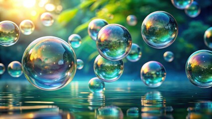 Naklejka premium The sunbeams pierce through the lush greenery, illuminating a cluster of iridescent soap bubbles, reflecting the vibrant colors of nature.