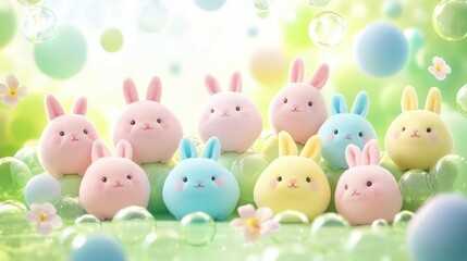 Ten charming pastel-colored bunnies are arranged in a group against a soft, bright green background suitable for seasonal website promotion.