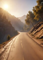 Mountain road winding along a hillside with trees on either side and the sun's warm light illuminating the dust motes dancing in air, mountain landscape, light, warmth