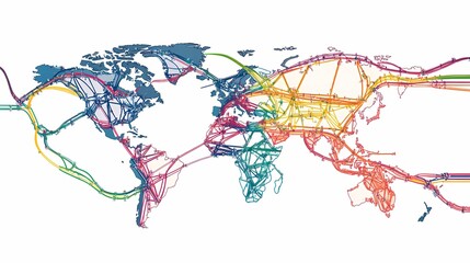 Fototapeta premium Global Network Infrastructure Map Illustrating International Data Connections and Communication Pathways Across Continents in a Colorful Visual Representation