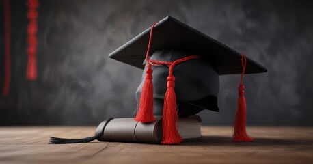 Red tassel hanging from the top of a black graduation cap on a table , graduation cap, red tassel, academic achievement