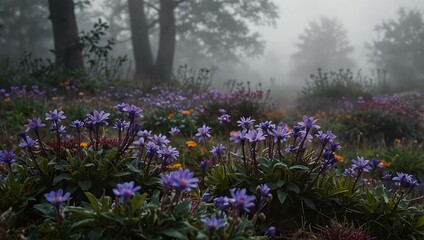 Naklejka premium Vibrant purple flowers in a misty setting.