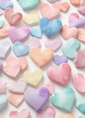 Watercolor hearts in soft pastel colors on white background, romance, love, watercolor