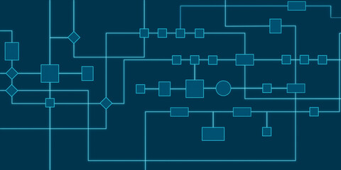 Blueprint, organization chart, decision tree, flow chart. Progress, connection, industry organization, steps, procedure, approach, node data, network.