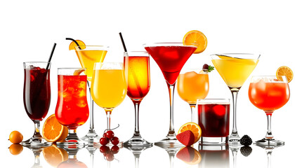 Horizontal assorted variety of sweet alcoholic cocktails collage with a white accent, png