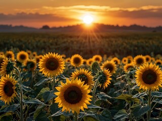 Vibrant sunflower field at sunset, emphasizing long shadows and details.