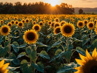 Fototapeta premium Vibrant sunflower field at sunset, emphasizing long shadows and details.
