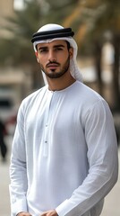 Fototapeta premium Highlight the cultural elegance of an Arabian businessman in traditional attire, set against the backdrop of a bustling