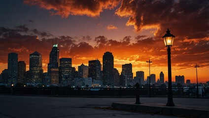 Obraz premium Vibrant sunset over a city skyline with street lamps.
