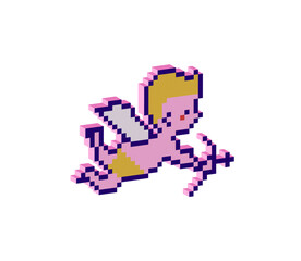 Obraz premium 3D pixel art Cute Cupid with bow. Vector pixel 8bit child archer. Retro 80s 90s games decor for valentine's day. Pixel illustration of angel sticker on white background.
