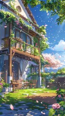 Fototapeta premium A charming two-story house with a lush garden, blooming flowers, and wooden furniture under a clear blue sky, evoking a serene and inviting atmosphere
