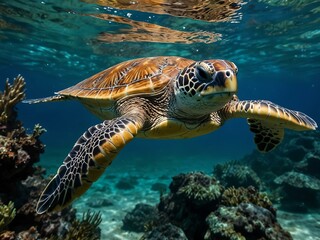 Fototapeta premium Vibrant underwater scene with a sea turtle swimming gracefully.