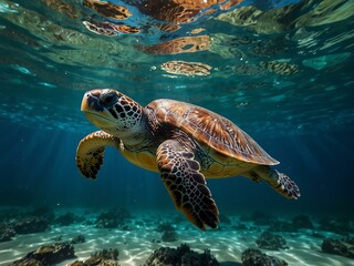 Fototapeta premium Vibrant underwater scene with a sea turtle swimming gracefully.