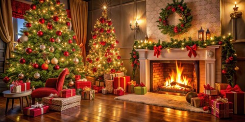 Fototapeta premium Salon decorated for Christmas with gifts under the tree and a fireplace
