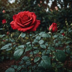 A red rose blooming in a neighborhood garden.