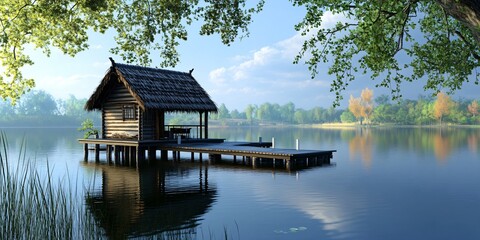 Obraz premium A serene lakeside cabin on a dock surrounded by lush greenery and calm waters.
