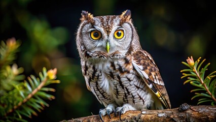 Nocturnal screech owl in the wild with camouflaged feathers, a great night hunter, screech owl